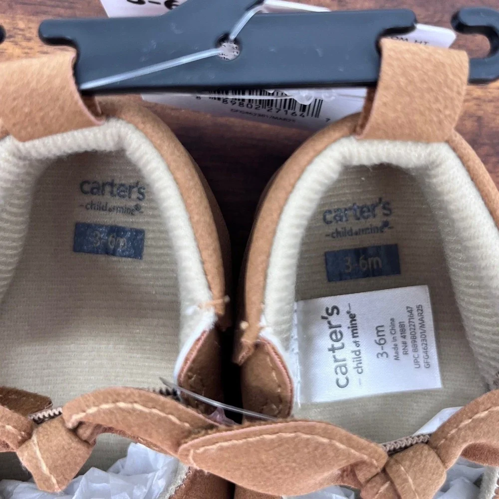 Carter's Child of Mine Mary Jane Baby Girl 3-6M Tan Bow Soft Sole Crib Shoes